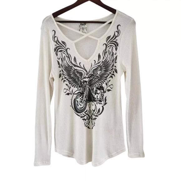 Vocal Cream Thermal Rhinestones Motorcycle Wings Y2K Top Shirt USA Size XL